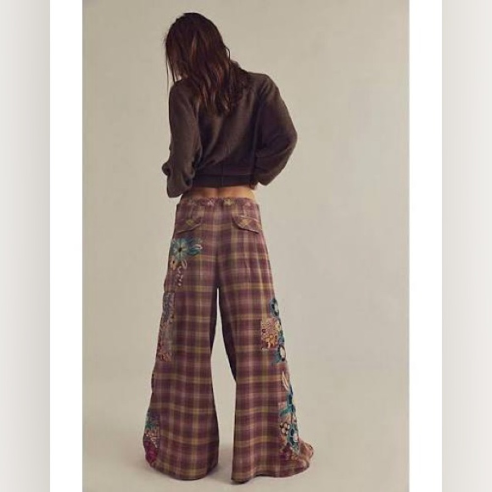 Free People Brooks Embroidered Wide-Leg Patchwork Pants Green Combo - Picture 8 of 15